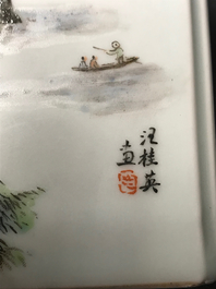 A square Chinese qianjiang cai brush pot with landscapes, 20th C.